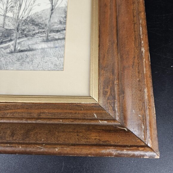 Vintage Lucille Cole Rural Landscape Drawing Framed Art Trees Cabin Signed 14x12 - Picture 5 of 11